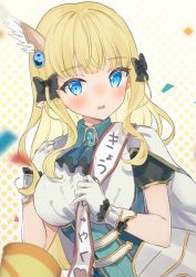 Rule 34 | 1girl, absurdres, black bow, blonde hair, blue eyes, blunt bangs, blush, bow, breasts, elf, gradient background, hair bow, hair ornament, highres, kodama (koda mat), large breasts, long hair, open mouth, pointy ears, princess connect!, saren (princess connect!), solo
