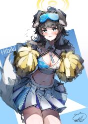 Rule 34 | 1girl, animal ears, black hair, blue archive, blue eyes, blunt bangs, blush, breasts, character name, cheerleader, cleavage, dog ears, dog girl, dog tail, flying sweatdrops, goggles, goggles on head, halo, hibiki (blue archive), hibiki (cheer squad) (blue archive), highres, long hair, looking at viewer, medium breasts, midriff, milo1205, miniskirt, open mouth, pleated skirt, pom pom (cheerleading), ponytail, signature, simple background, skirt, solo, tail