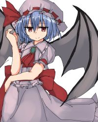Rule 34 | 1girl, ascot, bat wings, blue hair, bow, closed mouth, cowboy shot, frills, golgi hon, hair between eyes, hand on own hip, hand up, hat, hat bow, highres, looking at viewer, mob cap, pink hat, pink skirt, red bow, red eyes, remilia scarlet, short hair, short sleeves, simple background, skirt, skirt set, slit pupils, smile, solo, touhou, white background, wings