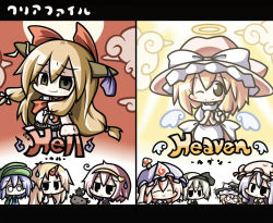 6+girls :3 aoblue blonde_hair blush chibi female_focus hairband halo hat horn_ornament horn_ribbon horns hoshiguma_yuugi ibuki_suika kaenbyou_rin kaenbyou_rin_(cat) kawashiro_nitori kirisame_marisa komeiji_satori konpaku_youmu multiple_girls patchouli_knowledge pink_hair purple_hair reiuji_utsuho reiuji_utsuho_(bird) ribbon saigyouji_yuyuko silver_hair single_horn sweatdrop touhou triangular_headpiece