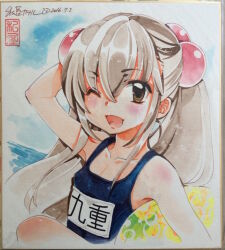 Rule 34 | 1girl, arm behind head, arm up, brown eyes, collarbone, commentary request, day, flat chest, grey hair, hair bobbles, hair ornament, holding, holding swim ring, innertube, kodomo no jikan, kokonoe rin, long hair, looking at viewer, name tag, one-piece swimsuit, one eye closed, open mouth, outdoors, painting (medium), photo (medium), school swimsuit, shikishi, smile, solo, swim ring, swimsuit, traditional media, twintails, upper body, watashiya kaworu, water, watercolor (medium)
