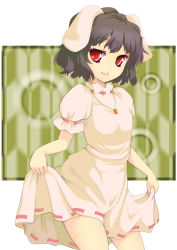 Rule 34 | 1girl, animal ears, black hair, carrot, clothes lift, dress, dress lift, female focus, flat chest, inaba tewi, jewelry, legs, naughty face, pendant, rabbit ears, red eyes, short hair, solo, thighs, tongue, touhou, uruu gekka