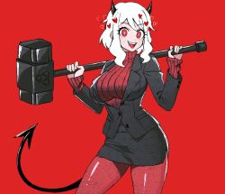 Rule 34 | 1girl, black suit, breasts, demon tail, fang, formal, hammer, heart, heart-shaped pupils, heart (symbol), helltaker, holding, holding weapon, horns, large breasts, modeus (helltaker), open mouth, pantyhose, pencil skirt, red background, red eyes, red pantyhose, skirt, smile, suit, symbol-shaped pupils, tail, weapon, white hair, zeon (zzeeonn)