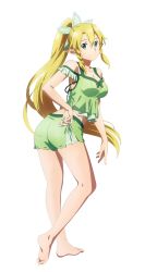 Rule 34 | 1girl, artist request, ass, bare arms, bare legs, bare shoulders, blonde hair, braid, breasts, cleavage, green eyes, highres, large breasts, leafa, long hair, looking at viewer, looking back, medium breasts, pajamas, pointy ears, ponytail, shorts, solo, sword art online, sword art online: alicization, twin braids, very long hair, white background