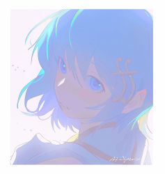Rule 34 | 1girl, blue eyes, blue hair, blue theme, blush, border, ear blush, fortissimo, frown, hair ornament, highres, looking at viewer, mahou shoujo madoka magica, mahou shoujo madoka magica (anime), miki sayaka, musical note, musical note hair ornament, portrait, sanyang003, school uniform, short hair, signature, simple background, solo, white background