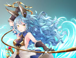 Rule 34 | 10s, 1girl, animal ears, bare shoulders, black gloves, blue hair, blue skirt, blush, breasts, rabbit ears, cape, comah, dress, earrings, erune, ferry (granblue fantasy), gloves, granblue fantasy, hoop earrings, jewelry, long hair, looking at viewer, open mouth, sideboob, single earring, skirt, sleeveless, sleeveless dress, solo, sparkle, wavy hair, weapon, whip, yellow eyes