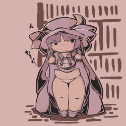 Rule 34 | 1girl, 3:, belly, blush, bookshelf, chibi, clothes lift, crescent, crescent hair ornament, dress, dress lift, fat, frown, full body, hair ornament, hat, legs, long hair, mukyuu, navel, okami (kami soubi), panties, patchouli knowledge, plump, purple hair, skindentation, solo, squinting, thick thighs, thighs, touhou, underwear, very long hair, white panties