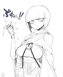 Rule 34 | 1girl, bags under eyes, blood, bob cut, breasts, cape, castration, chain, covered erect nipples, highres, holding, impossible clothes, impossible shirt, large breasts, lock, looking at viewer, monochrome, necro-chan (spacezin), open mouth, original, ruptured testicle, shirt, short hair, simple background, solo, spacezin, standing, testicles, white background