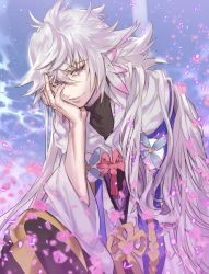 Rule 34 | 1boy, bishounen, capelet, day, fate/grand order, fate/stay night, fate (series), grey hair, hair between eyes, kissai, long hair, looking at viewer, male focus, merlin (fate/stay night), outdoors, petals, robe, smile, solo, very long hair