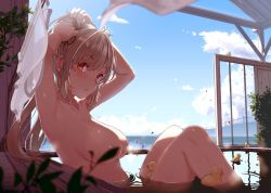 Rule 34 | 10s, 1girl, areola slip, armpits, arms up, bathing, bikini tan, blue sky, blurry, blush, breasts, censored, censored nipples, cloud, cloudy sky, convenient censoring, day, depth of field, hair ribbon, kantai collection, leaf, leaf censor, light brown hair, looking at viewer, medium breasts, murasame (kancolle), nude, onsen, outdoors, parted lips, partially submerged, petals, ponytail, red eyes, ribbon, rubber duck, satsuki neko, sky, solo, steam, steam censor, tan, tanline, tying hair, wet, wet hair