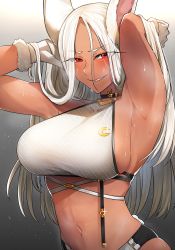 Rule 34 | 1girl, alternate costume, animal ears, armpits, arms up, bikini, black bikini, black choker, boku no hero academia, breasts, choker, commentary request, crescent, crescent pin, dark-skinned female, dark skin, eyes visible through hair, fur-trimmed gloves, fur trim, gloves, gradient background, grey background, grin, half-closed eyes, hands in hair, highres, large breasts, light, light particles, long hair, looking at viewer, mirko, multicolored bikini, multicolored clothes, neshia (tsaqif0309), outline, parted bangs, rabbit ears, rabbit girl, rabbit tail, red eyes, sharp teeth, shiny clothes, shiny skin, skindentation, smile, solo, sparkle, swimsuit, tail, teeth, tsurime, upper body, very long hair, wet, white background, white bikini, white gloves, white hair