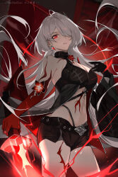 Rule 34 | 1girl, absurdres, acheron (honkai: star rail), bare shoulders, black coat, black gloves, black shorts, breasts, cleavage, coat, commentary request, cowboy shot, gloves, grey hair, highres, honkai: star rail, honkai (series), long hair, looking at viewer, midriff, navel, official alternate color, parted lips, red eyes, short shorts, shorts, solo, standing, stomach, thighs, very long hair, yume-dream