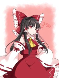 Rule 34 | 1girl, ascot, bow, commentary request, detached sleeves, frilled bow, frilled hair tubes, frills, hair bow, hair tubes, hakurei reimu, highres, light blush, long hair, looking at viewer, mito (fate), one eye closed, red bow, red eyes, red skirt, ribbon-trimmed sleeves, ribbon trim, signature, skirt, skirt set, solo, touhou, yellow ascot