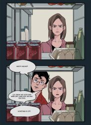 Rule 34 | 1boy, 1girl, 2koma, black hair, blue eyes, brown hair, can, clark kent, comic, dc comics, drink can, egg, english text, food, fruit, glasses, highres, hokkemaruyaki, husband and wife, indoors, lois lane, looking at viewer, milk, open mouth, refrigerator, short hair, soda can, speech bubble, superman (series)
