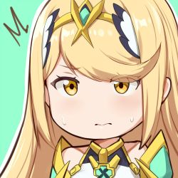 Rule 34 | 1girl, ^^^, blonde hair, blush, chibi, circlet, closed mouth, commentary, embarrassed, english commentary, eyes visible through hair, green background, hews, looking at viewer, mythra (xenoblade), nintendo, outline, simple background, solo, sweatdrop, swept bangs, upper body, white outline, xenoblade chronicles (series), xenoblade chronicles 2, yellow eyes