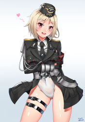 Rule 34 | 1girl, :d, absurdres, arm across waist, armband, belt, black necktie, blonde hair, blush, breast hold, breasts, character name, contrapposto, covered navel, cowboy shot, girls&#039; frontline, gluteal fold, gradient background, hat, heart, highres, hitch (perotoss), jacket, leotard, leotard under clothes, medium breasts, military, military hat, military jacket, military uniform, mp40 (girls&#039; frontline), necktie, open mouth, red eyes, short hair, skindentation, smile, solo, thigh strap, uniform, white leotard