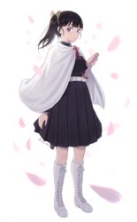 Rule 34 | 1girl, black hair, blush, boots, cherry blossoms, cross-laced footwear, expressionless, katana, kimetsu no yaiba, knee boots, lace-up boots, looking at viewer, purple eyes, side ponytail, solo, srm463, sword, tsuyuri kanao, weapon, white background, white footwear