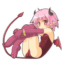 Rule 34 | 1girl, bad id, bad pixiv id, blush, cameltoe, cleft of venus, cuffs, dd (ijigendd), demon girl, demon tail, demon wings, elbow gloves, fat mons, feet, flat chest, gloves, horns, original, own hands clasped, own hands together, pink eyes, pink hair, pointy ears, purple thighhighs, solo, tail, thighhighs, wings