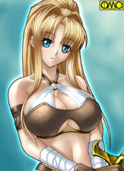 Rule 34 | 1girl, aqua background, armband, asura fantasy online, bandages, bare shoulders, belt, blonde hair, blue eyes, blush, breasts, cleavage, cleavage cutout, clothing cutout, crop top, fantasy, gloves, glowing, hair intakes, head tilt, high ponytail, holding, huge breasts, kagami hirotaka, large breasts, leather, lisfia marsenal, long hair, looking at viewer, lowres, midriff, navel, o-ring, o-ring top, omc, parted bangs, ponytail, sideboob, sidelocks, smile, solo, sword, underboob, upper body, watermark, weapon