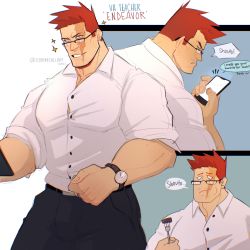 Rule 34 | 1boy, bara, beard, black pants, blue eyes, boku no hero academia, bursting pectorals, collage, endeavor (boku no hero academia), english text, facial hair, formal, glasses, highres, holding, holding phone, large pectorals, male focus, mature male, muscular, muscular male, pants, pectorals, phone, red hair, salaryman, scar, scar across eye, scar on face, shirt, short hair, sideburns, sigma778, smile, sparkle, spiked hair, stormcallart, stubble, watch, white shirt, wristwatch