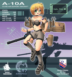 Rule 34 | 1girl, a-10, a-10 thunderbolt ii, agm-65 maverick, aim-9 sidewinder, air-to-air missile, air-to-surface missile, aircraft, airplane, attack aircraft, autocannon, bare shoulders, bike shorts, blonde hair, bow, bustier, cannon, close air support, destruction, female focus, full body, gatling gun, gau-8 avenger, gradient background, green eyes, gun, gunship, hair bow, hair ornament, hair ribbon, hand on own hip, heart, hip focus, mecha musume, military, missile, multiple-barrel firearm, navel, open mouth, original, personification, ponytail, precision-guided munition, ribbon, rotary cannon, signature, solo, star (symbol), vjptox, weapon