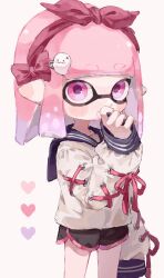 Rule 34 | 1girl, absurdres, black shorts, bow, commentary request, cowboy shot, hairband, heart, highres, inkling, inkling girl, inkling player character, medium hair, myon rio, nintendo, pink eyes, pink hair, pink trim, pointy ears, red bow, red hairband, sailor collar, sailor shirt, shirt, short shorts, shorts, simple background, solo, splatoon (series), standing, tentacle hair, thick eyebrows, white background