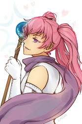 Rule 34 | 1girl, artist name, dress, elbow gloves, fire emblem, fire emblem: the blazing blade, gloves, heart, holding, looking to the side, nintendo, pink hair, purple eyes, scarf, serra (fire emblem), smile, solo, staff, tea-and-dreams, upper body, white gloves