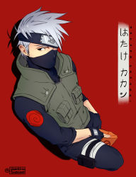 Rule 34 | 1boy, absurdres, artist name, black eyes, book, character name, fingerless gloves, forehead protector, gloves, hatake kakashi, highres, holding, holding book, hymenopuscoronatus, long sleeves, looking at viewer, male focus, mask, naruto, naruto (series), pants, pouch, red background, shadow, simple background, sleeves rolled up, solo, spiked hair, thigh pouch, twitter username, vest, watermark, white hair