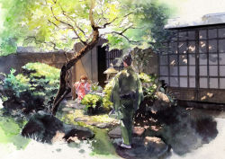 Rule 34 | 1boy, 1girl, 720 72, architecture, arms at sides, barefoot, black hair, bob cut, brown eyes, brown hair, bush, character request, dappled sunlight, day, east asian architecture, facing away, flip-flops, garden, green kimono, japanese clothes, kimono, long sleeves, looking down, nature, obi, osomatsu-san, outstretched arms, red kimono, sandals, sash, short hair, sliding doors, standing, stone, stone lantern, sunlight, tabi, traditional media, tree