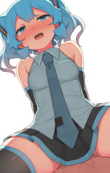 Rule 34 | 1boy, 1girl, :d, abmayo, bare shoulders, black skirt, blue skirt, blush, breasts, collared shirt, covered penetration, from below, green necktie, grey shirt, hair ornament, hatsune miku, highres, long hair, looking at viewer, medium breasts, necktie, open mouth, pleated skirt, sex, shirt, skirt, smile, solo focus, thighhighs, twintails, two-tone skirt, vocaloid, zettai ryouiki