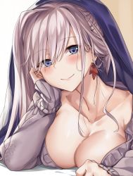 Rule 34 | 1girl, blue eyes, blush, breasts, casual, cleavage, closed mouth, collarbone, commentary, earrings, fate/grand order, fate (series), head on hand, head rest, jewelry, ks (xephyrks), large breasts, long hair, looking at viewer, lying, miyamoto musashi (fate), on bed, on stomach, pink hair, ponytail, pov across bed, purple sweater, sidelocks, smile, solo, sweat, sweater, under covers, very long hair