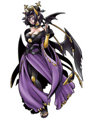 Rule 34 | 1girl, bandai, bare shoulders, bat (symbol), bat wings, belt, black hair, black wings, breasts, bridal gauntlets, bustier, cleavage, demon girl, detached collar, detached sleeves, digimon, digimon world re:digitize, eyeshadow, facial mark, female focus, hair bun, hair ornament, horns, huge breasts, lilithmon, lipstick, makeup, multiple wings, nail polish, official art, pointy ears, seven great demon lords, sharp nails, shawl, simple background, single hair bun, tattoo, thighhighs, white background, wings