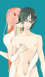Rule 34 | 10s, 1boy, 1girl, black hair, blue eyes, couple, darling in the franxx, green eyes, gridour, hand on another&#039;s chest, hiro (darling in the franxx), horns, hug, hug from behind, licking, licking another&#039;s face, long hair, nude, oni horns, pink hair, red horns, short hair, zero two (darling in the franxx)