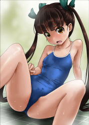Rule 34 | 1girl, black hair, blue one-piece swimsuit, blunt bangs, blurry, brown eyes, commentary request, competition school swimsuit, depth of field, feet out of frame, flat chest, hand on own thigh, head tilt, highres, leaning to the side, long hair, looking at viewer, one-piece swimsuit, open mouth, original, rohitsuka, school swimsuit, sitting, solo, spread legs, swimsuit, thighs, tile floor, tiles, twintails, v-shaped eyebrows, very long hair, wet, wet clothes, wet swimsuit