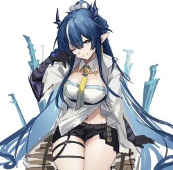 Rule 34 | 1girl, arknights, bandaged arm, bandages, black shorts, blue hair, breasts, earrings, goma 74umai, highres, horns, jewelry, large breasts, ling (arknights), long hair, midriff peek, one eye closed, pointy ears, shorts, smile, thigh strap