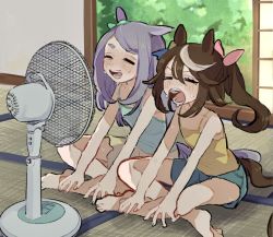 Rule 34 | 2girls, = =, animal ears, bare shoulders, barefoot, blue camisole, blue shorts, blush, brown hair, camisole, closed eyes, electric fan, fan speaking, highres, horse ears, horse girl, horse tail, indian style, long hair, mejiro mcqueen (umamusume), multicolored hair, multiple girls, open mouth, ponytail, purple hair, saba no hige, shorts, shouji, sitting, sliding doors, smile, streaked hair, sweat, tail, teeth, thick eyebrows, tokai teio (umamusume), tongue, tongue out, umamusume, v-shaped eyebrows, yellow camisole, yellow shorts