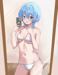 Rule 34 | 1girl, :d, absurdres, bikini, blue eyes, blue hair, breasts, cellphone, highres, holding, holding phone, hololive, hoshimachi suisei, iris angel12xii, looking at viewer, medium breasts, mirror, navel, official alternate hair length, official alternate hairstyle, open mouth, phone, reflection, selfie, short hair, smartphone, smile, solo, star (symbol), star in eye, stomach, swimsuit, symbol in eye, virtual youtuber, white bikini