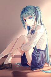 Rule 34 | 1girl, absurdres, black footwear, blue bow, blue bowtie, blue eyes, blue hair, blue skirt, bow, bowtie, closed mouth, collared shirt, from side, hatsune miku, highres, ille (xcpa7325), long hair, miniskirt, pleated skirt, school uniform, shirt, sitting, skirt, smile, socks, solo, twintails, very long hair, vocaloid, white shirt, white socks, wing collar, wooden floor