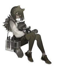 Rule 34 | 1girl, absurdres, animal, animal ears, animal hands, animal on lap, arknights, bag, black jacket, black shorts, blouse, brown eyes, brown footwear, brown hair, brown leggings, closed mouth, clothed animal, collared shirt, full body, hair between eyes, harmonica, highres, instrument, invisible chair, jacket, knife, leggings, leggings under shorts, long hair, long sleeves, looking at animal, music, on lap, pantyhose, playing instrument, polka dot, polka dot shirt, puffy long sleeves, puffy sleeves, raccoon, raccoon ears, raccoon girl, raccoon tail, robin (arknights), shirt, shoes, shorts, shoulder bag, simple background, sitting, solo, ta shi chule zhan hou, tail, thigh strap, white background, white shirt