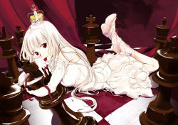 Rule 34 | 1girl, albino, bare shoulders, chess piece, chessboard, chocolate, crown, dengeki hime, dress, elbow gloves, gloves, high heels, legs up, long hair, looking at viewer, lying, maino saki, mouth hold, on stomach, original, oversized object, princess, red eyes, ribbon, shoes, solo, takeshima satoshi, tsukumodo kottouten, white dress, white gloves, white hair