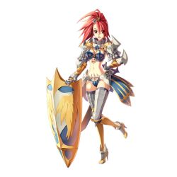 Rule 34 | 1girl, armor, armored boots, bikini armor, black thighhighs, boots, breasts, cross hair ornament, cross of prontera, eyes visible through hair, faulds, full body, gauntlets, hair between eyes, hair ornament, high heel boots, high heels, high ponytail, highres, holding, holding shield, jewelry, leg armor, leona (pixiv), long bangs, long hair, looking at viewer, medium breasts, navel, necklace, official art, open mouth, pauldrons, ragnarok online, red hair, royal guard (ragnarok online), shield, shoulder armor, simple background, smile, solo, standing, standing on one leg, tachi-e, thighhighs, transparent background