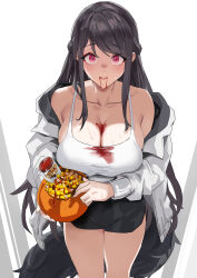 Rule 34 | 1girl, bare shoulders, black hair, blazingchaos, bleeding, blood, blood from mouth, blood on breasts, blood on clothes, blush, breasts, candy, cleavage, dated commentary, fake blood, food, halloween bucket, highres, holding, holding food, holding pumpkin, holding vegetable, jacket, ketchup, ketchup bottle, large breasts, looking at viewer, open clothes, open jacket, original, pumpkin, red eyes, shirt, short shorts, shorts, simple background, smile, solo, vegetable, white background, white jacket, white shirt