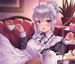 Rule 34 | 1girl, apron, black dress, blue eyes, blush, bow, braid, braided bun, collared dress, commentary, couch, cup, dress, english commentary, food, frilled apron, frills, grey hair, hair between eyes, hair bun, hands up, holding, holding cup, indoors, juliet sleeves, long sleeves, maid, maid apron, maid headdress, on couch, open mouth, original, plant, plate, potted plant, puffy sleeves, ryuinu, sandwich, single hair bun, solo, sweat, tea, teacup, teapot, tiered tray, white apron, white bow