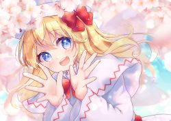 Rule 34 | 1girl, :d, absurdres, blonde hair, blue eyes, blush, bow, capelet, cherry blossoms, day, dress, fairy wings, flower, hair bow, hands up, hat, highres, lily white, long hair, long sleeves, looking at viewer, open mouth, outdoors, pink flower, round teeth, smile, solo, star-shaped pupils, star (symbol), suzukkyu, symbol-shaped pupils, teeth, touhou, upper body, white capelet, white dress, white hat, wings