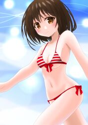 Rule 34 | 1girl, bare shoulders, bikini, blush, bow, breasts, brown eyes, brown hair, closed mouth, collarbone, female focus, highres, karimochi, legs, medium breasts, medium hair, navel, no nose, original, solo, striped bikini, striped clothes, swimsuit, thighs