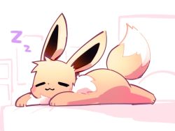 Rule 34 | :3, animal focus, blush, blush stickers, closed mouth, creatures (company), eevee, closed eyes, full body, fur collar, game freak, gen 1 pokemon, happy, indoors, lying, mint (mintpaws), nintendo, no humans, on bed, on stomach, pokemon, pokemon (creature), sketch, sleeping, smile, solo, white background, zzz