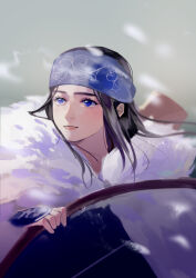 Rule 34 | 1girl, absurdres, ainu, ainu clothes, asirpa, black hair, blue eyes, blue headband, bow (weapon), cloak, close-up, commentary, english commentary, fur cloak, golden kamuy, headband, highres, holding, holding bow (weapon), holding weapon, looking to the side, misuu, sidelocks, snowing, solo, upper body, weapon, white cloak