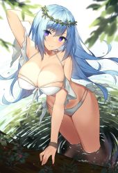 Rule 34 | 1girl, arm behind head, arm up, armpits, bare shoulders, bikini, blue hair, blurry, breasts, cleavage, collarbone, covered erect nipples, depth of field, emori miku, front-tie bikini top, front-tie top, groin, halterneck, head wreath, highres, large breasts, liver city, long hair, looking at viewer, multi-strapped bikini, parted lips, purple eyes, ripples, side-tie bikini bottom, skindentation, smile, solo, sora 72-iro, stomach, swimsuit, thighs, very long hair, wading, water, wet, white bikini