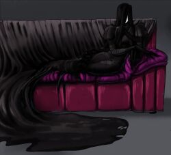 Rule 34 | 1boy, abyss, black dress, black gloves, black hair, cibastion, couch, cushion, dark background, dress, eldritch abomination, eldritch god, gloves, ink (cibastion), long dress, long hair, long sleeves, looking at viewer, lying, male focus, monster, monster boy, original, pillow, puffy sleeves, purple couch, sitting, sitting on couch, very long dress, very long hair