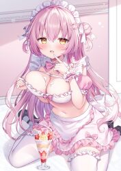 Rule 34 | 1girl, apron, blush, breasts, cleavage, commentary, dress, finger to mouth, frilled apron, frills, hair ornament, hairclip, large breasts, long hair, looking at viewer, maid, maid apron, maid headdress, navel, open mouth, original, parfait, pink hair, puffy sleeves, shiono (0303), sitting, smile, strawberry parfait, suggestive fluid, thighhighs, waist apron, wariza, white apron, white thighhighs, wrist cuffs, yellow eyes